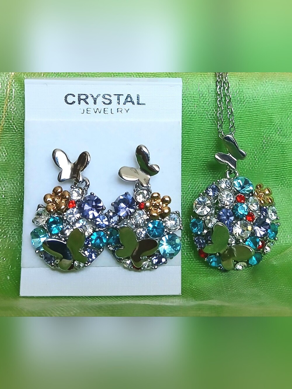 Multicolor Butterfly Crystal Earrings And Necklace Set